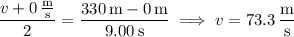 \dfrac{v+0\,\frac{\mathrm m}{\mathrm s}}2=\dfrac{330\,\mathrm m-0\,\mathrm m}{9.00\,\mathrm s}\implies v=73.3\,\dfrac{\mathrm m}{\mathrm s}