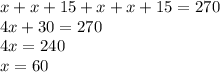 x+x+15+x+x+15=270&#10;\\&#10;4x+30=270&#10;\\&#10;4x=240&#10;\\&#10;x=60