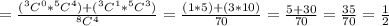 =\frac{(^3C^0*^5C^4)+(^3C^1*^5C^3)}{^8C^4}=\frac{(1*5)+(3*10)}{70}=\frac{5+30}{70}=\frac{35}{70}=\frac{1}{2}