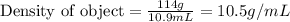 \text{Density of object}=\frac{114g}{10.9mL}=10.5g/mL