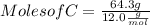 Moles of C = \frac{64.3g}{12.0\frac{g}{mol}}