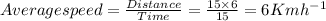 Average speed = \frac{Distance}{Time} = \frac{15 \times 6}{15} = 6 Kmh^{-1}