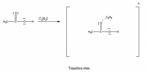 Draw a transition state for the reaction between ethyl iodide and sodium acetate