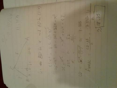 Find the area of a triangle with sides 8 equals 5 b equals 8 and c equals 11
