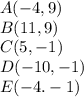 A(-4,9)\\B(11,9)\\C(5,-1) \\D(-10,-1)\\E(-4.-1)