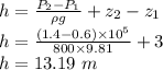 h=\frac{P_2-P_1}{\rho g}+z_2-z_1\\\Righarrow h=\frac{(1.4-0.6)\times 10^5}{800\times 9.81}+3\\\Righarrow h=13.19\ m\\