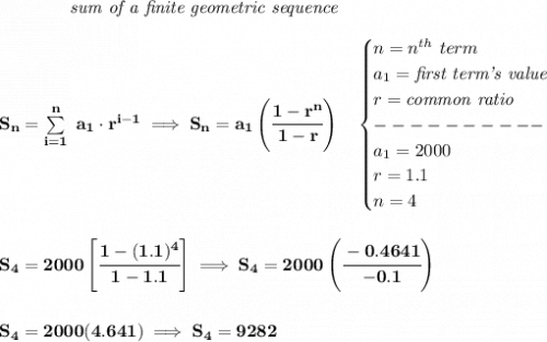 \bf \qquad \qquad \textit{sum of a finite geometric sequence}\\\\S_n=\sum\limits_{i=1}^{n}\ a_1\cdot r^{i-1}\implies S_n=a_1\left( \cfrac{1-r^n}{1-r} \right)\quad \begin{cases}n=n^{th}\ term\\a_1=\textit{first term's value}\\r=\textit{common ratio}\\----------\\a_1=2000\\r=1.1\\n=4\end{cases}\\\\\\S_4=2000\left[ \cfrac{1-(1.1)^4}{1-1.1} \right]\implies S_4=2000\left(\cfrac{-0.4641}{-0.1}  \right)\\\\\\S_4=2000(4.641)\implies S_4=9282