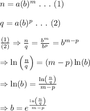 n=a(b)^m \ .\ .\ .\ (1) \\  \\ q=a(b)^p \ .\ .\ .\ (2) \\  \\  \frac{(1)}{(2)} \Rightarrow \frac{n}{q} = \frac{b^m}{b^p} =b^{m-p} \\  \\ \Rightarrow \ln\left( \frac{n}{q} \right)=(m-p)\ln(b) \\  \\ \Rightarrow \ln(b)= \frac{\ln\left( \frac{n}{q} \right)}{m-p}  \\  \\ \Rightarrow b=e^{\frac{\ln\left( \frac{n}{q} \right)}{m-p}