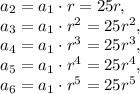 a_2=a_1\cdot r=25r,\\a_3=a_1\cdot r^2=25r^2,\\a_4=a_1\cdot r^3=25r^3,\\a_5=a_1\cdot r^4=25r^4,\\a_6=a_1\cdot r^5=25r^5