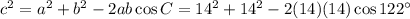 c^2 = a^2 + b^2 - 2 ab \cos C = 14^2 + 14^2 - 2(14)(14)\cos 122^\circ