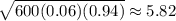 \sqrt{600(0.06)(0.94)}\approx5.82