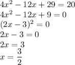 4x^2-12x+29=20 \\4x^2-12x+9=0\\(2x-3)^2=0\\2x-3=0\\2x=3\\x=\dfrac{3}{2}