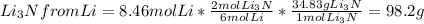 Li_{3} N from Li = 8.46 mol Li * \frac{2 mol Li_{3}N}{6 mol Li}*  \frac{34.83 g Li_{3}N}{1 mol Li_{3}N}  = 98.2 g