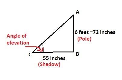 Avertical pole 6 feet long casts a shadow 55 inches long. find the angle of elevation of the sun. dr