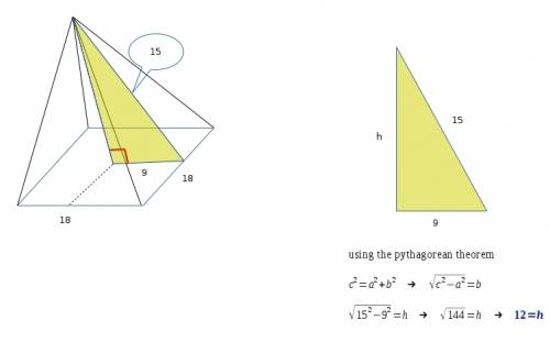 What is the volume of the square pyramid with base edges 18 m and slant height 15 m