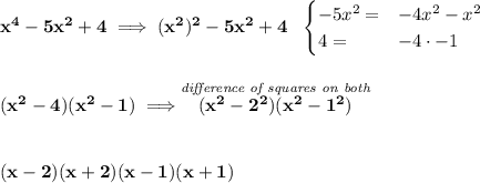 \bf x^4-5x^2+4\implies (x^2)^2-5x^2+4~~\begin{cases}-5x^2=&-4x^2-x^2\\4=&-4\cdot -1\end{cases}\\\\\\(x^2-4)(x^2-1)\implies \stackrel{\textit{difference of squares on both}}{(x^2-2^2)(x^2-1^2)}\\\\\\(x-2)(x+2)(x-1)(x+1)