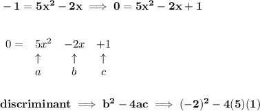 \bf -1=5x^2-2x\implies 0=5x^2-2x+1&#10;\\\\\\&#10;\begin{array}{llccll}&#10;0=&{{ 5}}x^2&{{ -2}}x&{{ +1}}\\&#10;&\uparrow &\uparrow &\uparrow \\&#10;&a&b&c&#10;\end{array}&#10;\\\\\\&#10;discriminant\implies b^2-4ac&#10;\implies (-2)^2-4(5)(1)