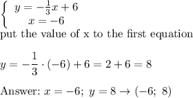 \left\{\begin{array}{ccc}y=-\frac{1}{3}x+6\\x=-6\end{array}\right\\\text{put the value of x to the first equation}\\\\y=-\dfrac{1}{3}\cdot(-6)+6=2+6=8\\\\\text{}\ x=-6;\ y=8\to(-6;\ 8)