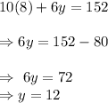 10(8)+6y=152\\\\\Rightarrow6y=152-80\\\\\Rightarrow\ 6y=72\\\Rightarrow y=12