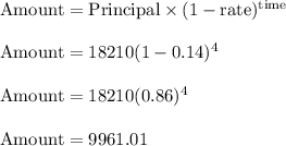 \rm Amount =Principal \times  (1-rate)^{time}\\\\\rm Amount =18210(1-0.14)^4\\\\Amount = 18210(0.86)^4\\\\Amount= 9961.01
