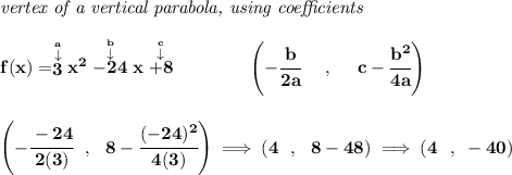 \bf \textit{vertex of a vertical parabola, using coefficients} \\\\ f(x)=\stackrel{\stackrel{a}{\downarrow }}{3}x^2\stackrel{\stackrel{b}{\downarrow }}{-24}x\stackrel{\stackrel{c}{\downarrow }}{+8} \qquad \qquad  \left(-\cfrac{ b}{2 a}~~~~ ,~~~~  c-\cfrac{ b^2}{4 a}\right) \\\\\\ \left(-\cfrac{-24}{2(3)}~~,~~8-\cfrac{(-24)^2}{4(3)}  \right)\implies (4~~,~~8-48)\implies (4~~,~-40)