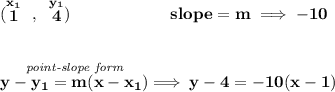 \bf (\stackrel{x_1}{1}~,~\stackrel{y_1}{4})\qquad \qquad \qquad &#10;% slope  = m&#10;slope =  m\implies -10&#10;\\\\\\&#10;% point-slope intercept&#10;\stackrel{\textit{point-slope form}}{y- y_1= m(x- x_1)}\implies y-4=-10(x-1)