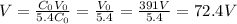 V=\frac{C_0 V_0}{5.4 C_0}=\frac{V_0}{5.4}=\frac{391 V}{5.4}=72.4 V