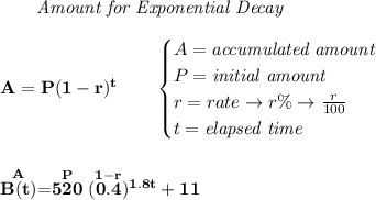 \bf \qquad \textit{Amount for Exponential Decay}&#10;\\\\&#10;A=P(1 - r)^t\qquad &#10;\begin{cases}&#10;A=\textit{accumulated amount}\\&#10;P=\textit{initial amount}\\&#10;r=rate\to r\%\to \frac{r}{100}\\&#10;t=\textit{elapsed time}\\&#10;\end{cases}&#10;\\\\\\&#10;\stackrel{A}{B(t)}=\stackrel{P}{520}(\stackrel{1-r}{0.4})^{1.8t}+11