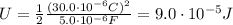 U= \frac{1}{2} \frac{(30.0 \cdot 10^{-6}C)^2}{5.0 \cdot 10^{-6}F}=9.0 \cdot 10^{-5} J