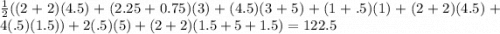 \frac 1 2 ( (2+2)(4.5) + (2.25+0.75)(3)+ (4.5)(3+5)+(1+.5)(1)+(2+2)(4.5)+4(.5)(1.5)) +2(.5)(5)+(2+2)(1.5+5+1.5) = 122.5