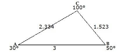 In a certain triangle abc , a equals 30°, b equals 50°, and the side ab equals 3 in. use a protracto