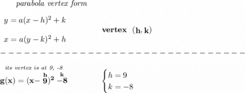 \bf ~~~~~~\textit{parabola vertex form}&#10;\\\\&#10;\begin{array}{llll}&#10;y=a(x- h)^2+ k\\\\&#10;x=a(y- k)^2+ h&#10;\end{array}&#10;\qquad\qquad&#10;vertex~~(\stackrel{}{ h},\stackrel{}{ k})\\\\&#10;-------------------------------\\\\&#10;\stackrel{\textit{its vertex is at 9, -8}}{g(x)=(x-\stackrel{h}{9})^2\stackrel{k}{-8}}\qquad \qquad &#10;\begin{cases}&#10;h=9\\&#10;k=-8&#10;\end{cases}