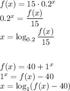 f(x)=15\cdot0.2^x\\&#10;0.2^x=\dfrac{f(x)}{15}\\&#10;x=\log_{0.2}\dfrac{f(x)}{15}\\\\\\&#10;f(x)=40+1^x\\&#10;1^x=f(x)-40\\&#10;x=\log_1(f(x)-40)