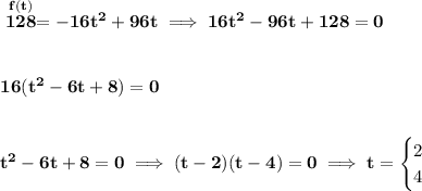 \bf \stackrel{f(t)}{128}=-16t^2+96t\implies 16t^2-96t+128=0\\\\\\ 16(t^2-6t+8)=0&#10;\\\\\\&#10;t^2-6t+8=0\implies (t-2)(t-4)=0\implies t=&#10;\begin{cases}&#10;2\\&#10;4&#10;\end{cases}