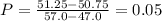 P=\frac{51.25-50.75}{57.0-47.0} =0.05