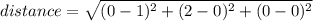 distance = \sqrt{(0-1)^{2} +(2-0)^{2} +(0-0)^{2}}