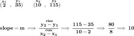 \bf (\stackrel{x_1}{2}~,~\stackrel{y_1}{35})\qquad &#10;(\stackrel{x_2}{10}~,~\stackrel{y_2}{115})&#10;\\\\\\&#10;% slope  = m&#10;slope =  m\implies &#10;\cfrac{\stackrel{rise}{ y_2- y_1}}{\stackrel{run}{ x_2- x_1}}\implies \cfrac{115-35}{10-2}\implies \cfrac{80}{8}\implies 10
