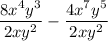 \dfrac{8x^4 y^3}{2xy^2} - \dfrac{4x^7 y^5}{2xy^2}