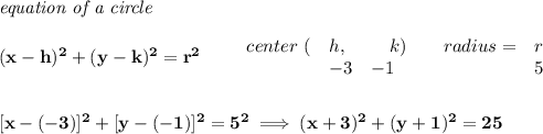 \bf \textit{equation of a circle}\\\\ &#10;(x-{{ h}})^2+(y-{{ k}})^2={{ r}}^2&#10;\qquad &#10;\begin{array}{lllll}&#10;center\ (&{{ h}},&{{\quad  k}})\qquad &#10;radius=&{{ r}}\\&#10;&-3&-1&5&#10;\end{array} &#10;\\\\\\\&#10;[x-(-3)]^2+[y-(-1)]^2=5^2\implies (x+3)^2+(y+1)^2=25