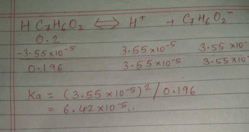 In an exactly.200m solution of benzoic acid, a monoprotic acid, the [h+] = 3.55 × 10–3m. what is the
