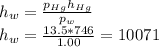 h_{w}=\frac{p_{Hg}h_{Hg}}{p_{w} } \\h_{w}=\frac{13.5*746}{1.00}=10071