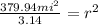 \frac{379.94mi^2}{3.14}=r^2