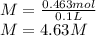 M=\frac{0.463mol}{0.1L}\\ M=4.63M