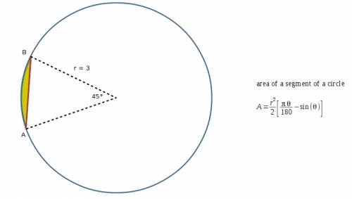 Achord an divides a circle of radius 3 cm into two segments. if ab subtends a central angle of 45, f