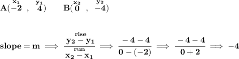 \bf A(\stackrel{x_1}{-2}~,~\stackrel{y_1}{4})\qquad &#10;B(\stackrel{x_2}{0}~,~\stackrel{y_2}{-4})&#10;\\\\\\&#10;% slope  = m&#10;slope =  m\implies &#10;\cfrac{\stackrel{rise}{ y_2- y_1}}{\stackrel{run}{ x_2- x_1}}\implies \cfrac{-4-4}{0-(-2)}\implies \cfrac{-4-4}{0+2}\implies -4