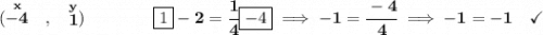 \bf (\stackrel{x}{-4}~~,~~\stackrel{y}{1})\qquad \qquad \boxed{1}-2=\cfrac{1}{4}\boxed{-4}\implies -1=\cfrac{-4}{4}\implies -1=-1\quad \checkmark