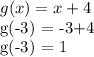 g(x) = x+4&#10;&#10; g(-3) = -3+4&#10;&#10; g(-3) = 1