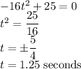 -16t^2+25=0\\t^2=\dfrac{25}{16}\\t=\pm \dfrac{5}{4}\\t=1.25\;\rm seconds