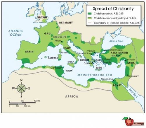 To where had christianity spread by 476 ad?  the west of britain most of africa most of the roman em