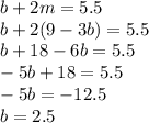 b + 2m =5.5 \\ b + 2(9-3b)= 5.5 \\ b + 18 - 6b = 5.5 \\ -5b + 18 = 5.5 \\ -5b = -12.5 \\ b = 2.5